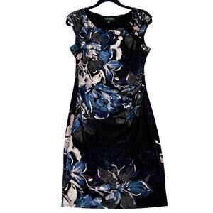 Ralph Lauren Sheath Dress Size 10 Black Blue Floral Stretch Sleeveless Lined LRL